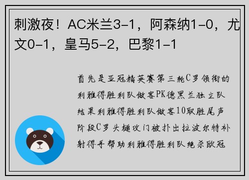 刺激夜!AC米兰3-1,阿森纳1-0,尤文0-1,皇马5-2,巴黎1-1