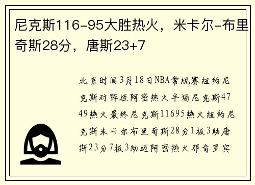 尼克斯116-95大胜热火,米卡尔-布里奇斯28分,唐斯23+7